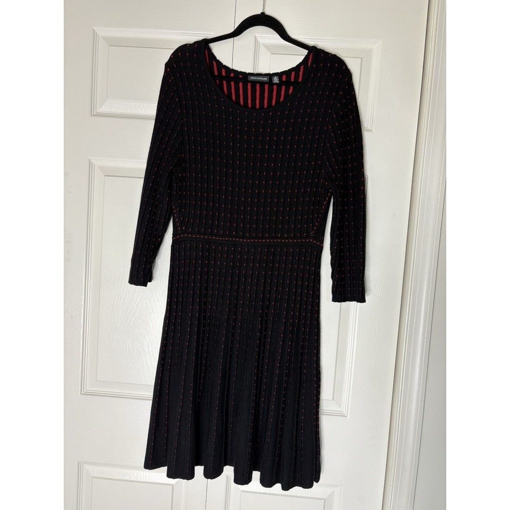 Nina Leonard Dress Womens XL Black Red Sweater Knit Fit Flare Polka Dot Retro